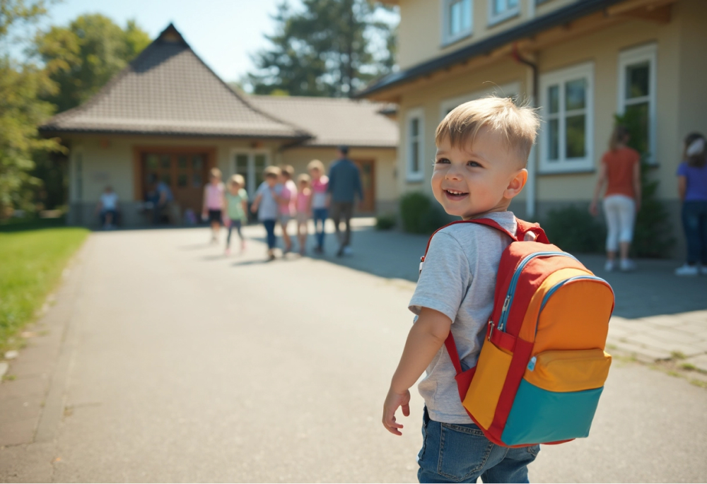 Ребенок идет в Grundschule в Германии с рюкзаком